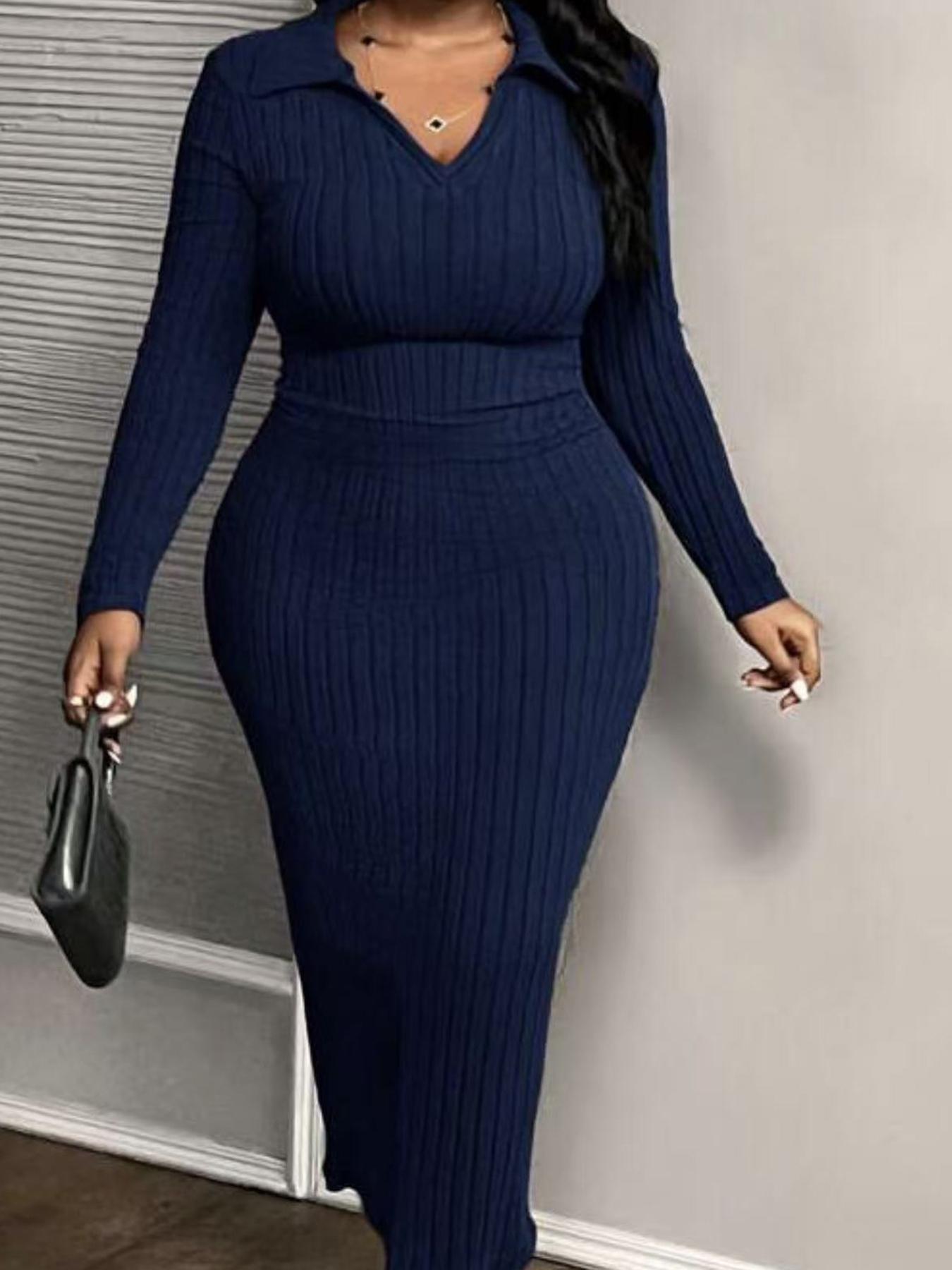 【Plus Size】1 Piece Plus Size Ribbed Knit Midi Dress with Collared V-Neck, Elegant Casual Style, Stretchy Fabric & Bodycon Fit, Flatters Curves Perfectly, Suitable for Plus Size Women's Office, Dinner Dates & Weekend Events