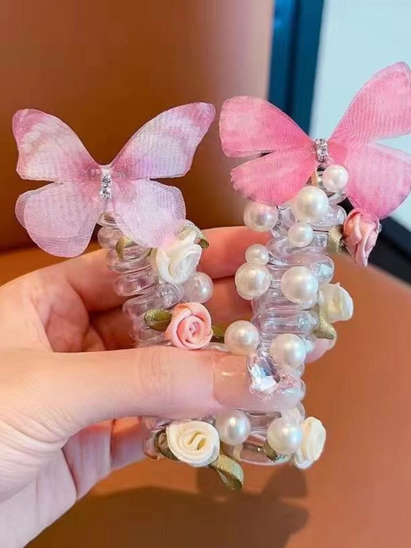 New Mesh Butterfly Pearl Hair Tie, Cute Round Bead Flower Butterfly Phone Line Braided Bubble Braid Hair Rope, Girls' Headwear for Daily Use