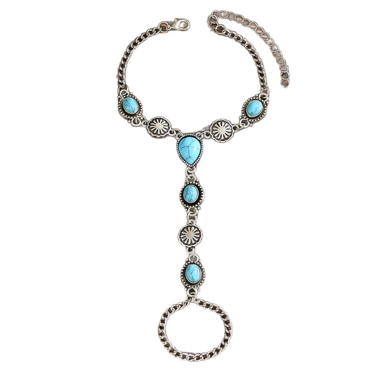 Women’s Ethnic Alloy Cuff Bracelet, Vintage Boho Statement Jewelry With Oval Faux Turquoise And Water‑Drop Charms, Stylish Arm‑Candy Accessory For Festivals, Beach And Daily Boho‑Inspired Outfits