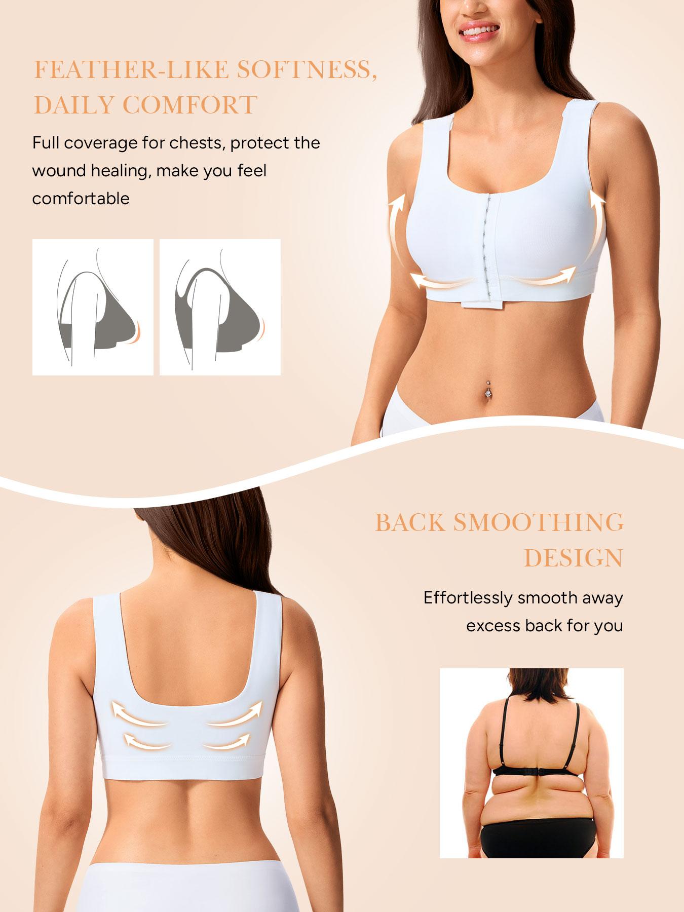 Post-Surgery Bra with Front Closure, Adjustable Straps, Seamless Cup, Soft Bottom Edge, Easy Wear and Remove, Square Neck Design, Medium