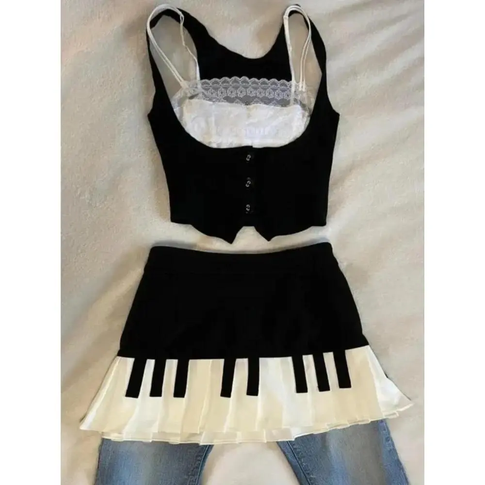 Summer Sweet Vintage Elegant Piano Skirt Suit Women Y2k Lace Layered 2 Piece Sets Female Black White Korean Style Chic Outfits