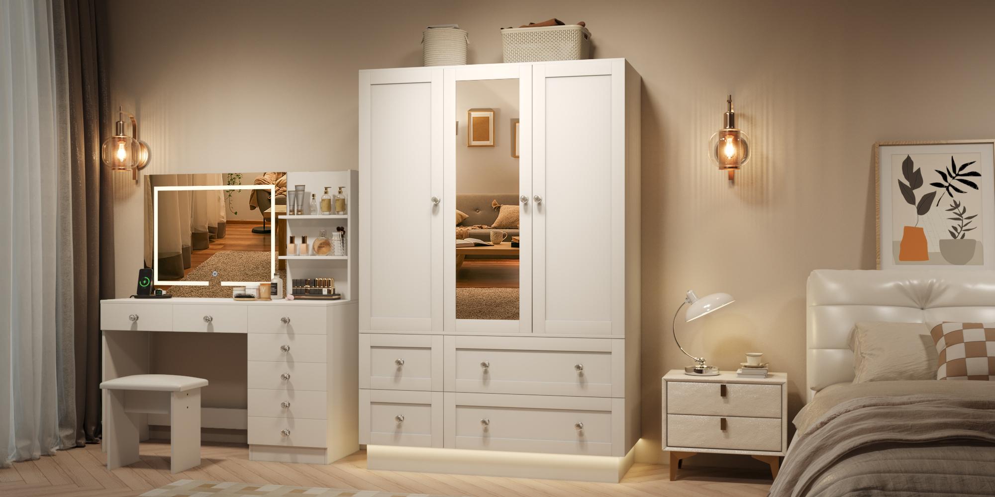 【2 Packages Delivery】VOWNER Bedroom Wardrobe with 3 Doors and 4 Drawers, Mirror, RGB Lights, Hanging Rod, Bedroom, Living Roo 【2 Packages Delivery】VOWNER Bedroom Wardrobe with 3 Doors and 4 Drawers, Mirror, RGB Lights, Hanging Rod, Bedroom, Living Roo