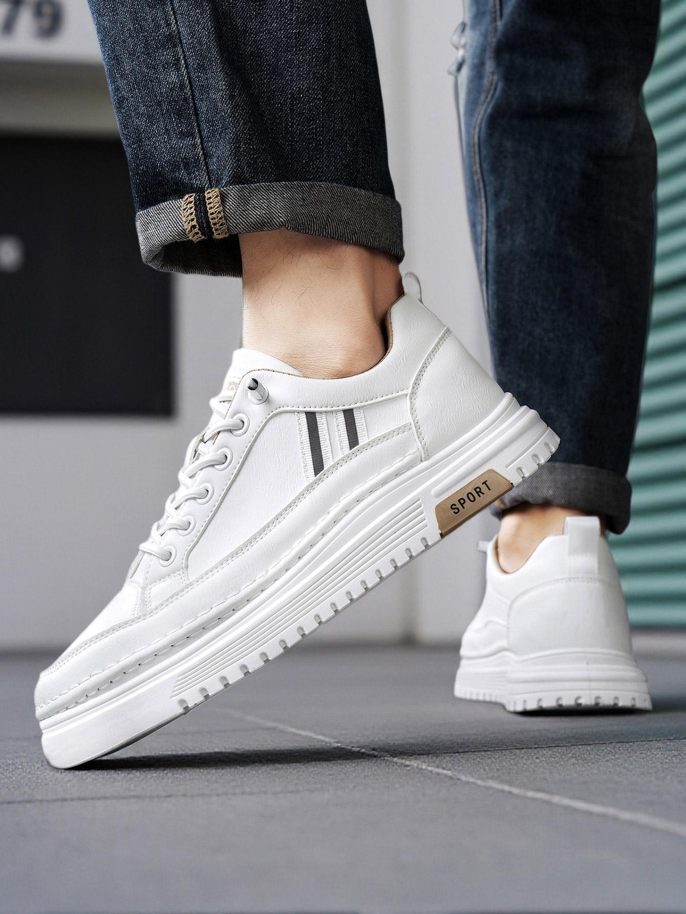 Men's Summer Thick Sole Sneakers, Simple Striped Casual Board Shoes, Soft Leather Breathable Lightweight, Height Boosting Slim Fit, Versatile Daily Wear