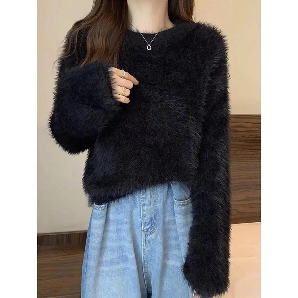 Women's Fuzzy Knitt Top Long Sleeve Mock Neck Fluffy Sweater Pullovers Cozy Plain Jumper Teen-girl Fall Winter Y2K Outfit