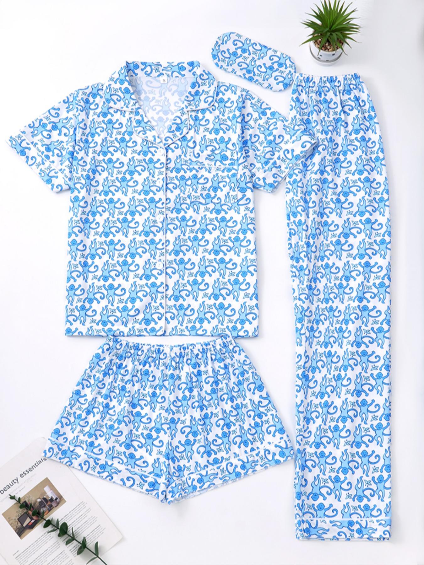 Women's All over Print Pajama Set, Comfortable Sleepwear and Loungewear for All Seasons, Includes Top Shorts and Pants, Home Wear