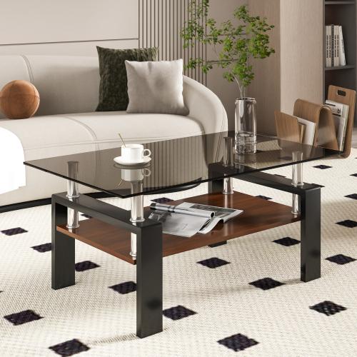 【Bellemave】Rectangle Black Glass Coffee Table, Clear Coffee Table,Modern Side Center Tables for Living Room,Living Room Furniture