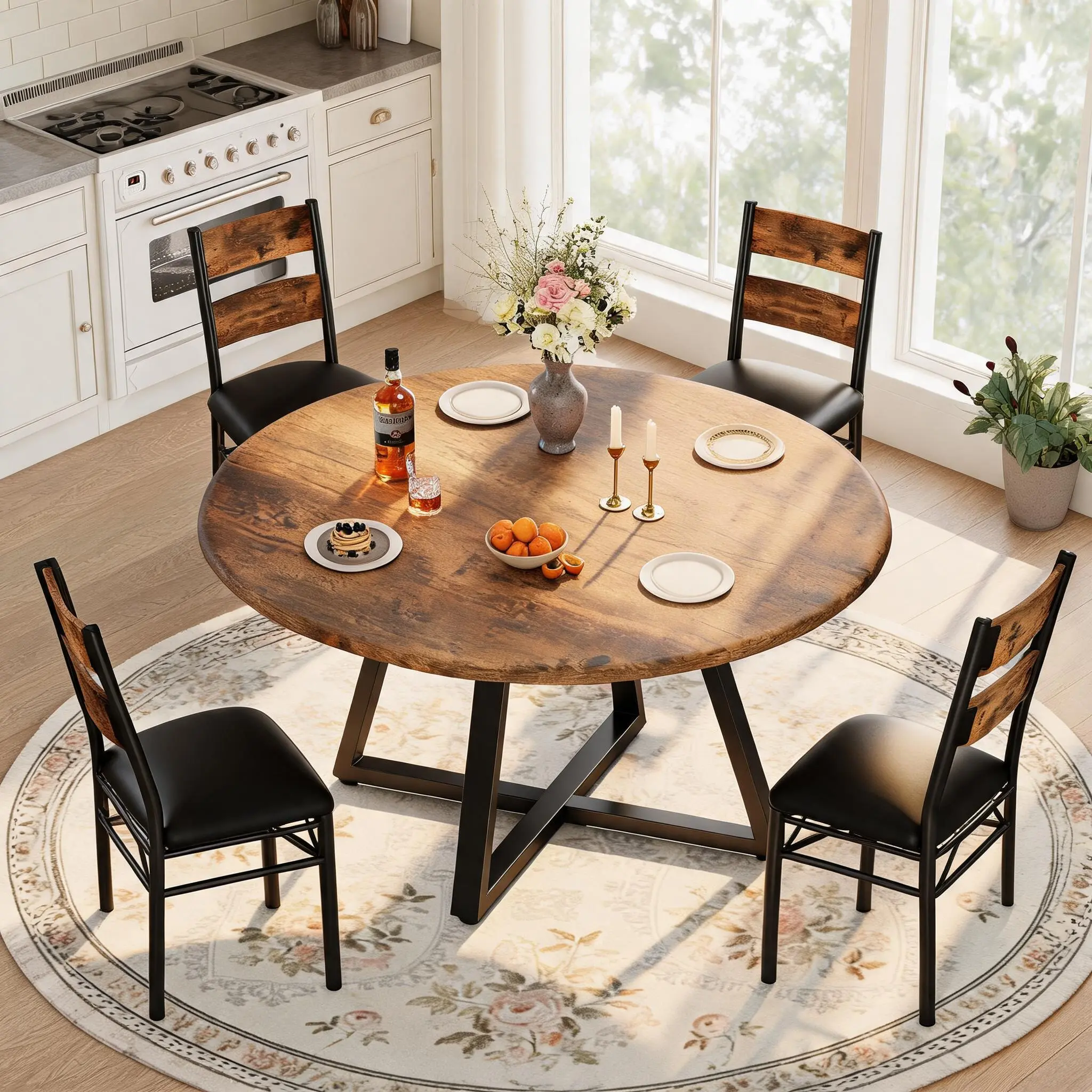 5-Piece Round Dining Table Set of 4 - Rustic Brown Wood & Metal Table with Beveled Edges, 4 Upholstered Seats Chairs, Sturdy Frame, Vintage Industrial Multi-Piece Set Dining Room Furniture for Apartments, Small Spaces