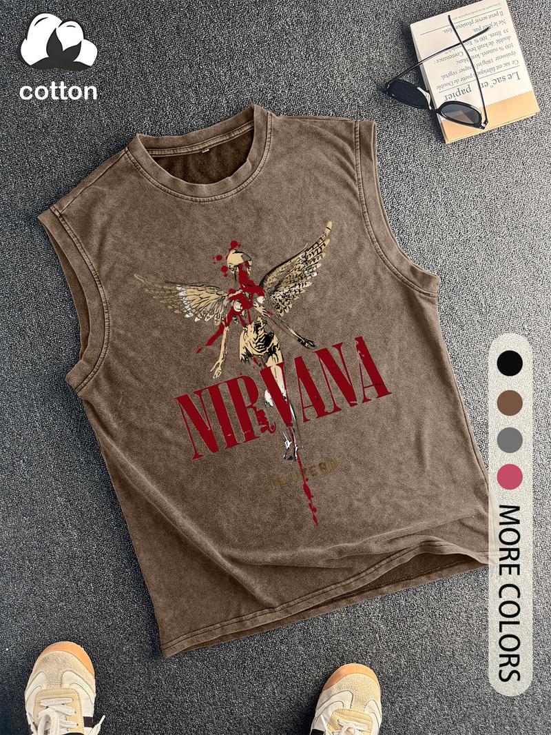 Dark angel print retro distressed men's vest, round neck, trendy sleeveless top, suitable for music lovers, men's summer wear.