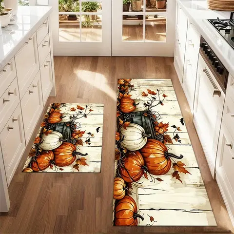 2pcs Autumn Pumpkin Harvest Thanksgiving Mat Set, Farmhouse Kitchen Rug, Dining Room Floor Decor, Laundry Room Carpet Pad, Fall Kitchen Rugs