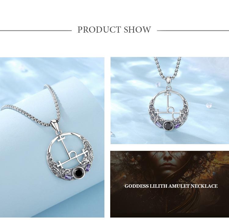 Goddess Lilith Amulet Necklace, S925 Sterling Silver Lilith Sigil Pendant with Black and Purple CZ, Wiccan Handmade Jewelry for Pagan Goddess Lilith Amulet Necklace, S925 Sterling Silver Lilith Sigil Pendant with Black and Purple CZ, Wiccan Handmade Jewelry for Pagan