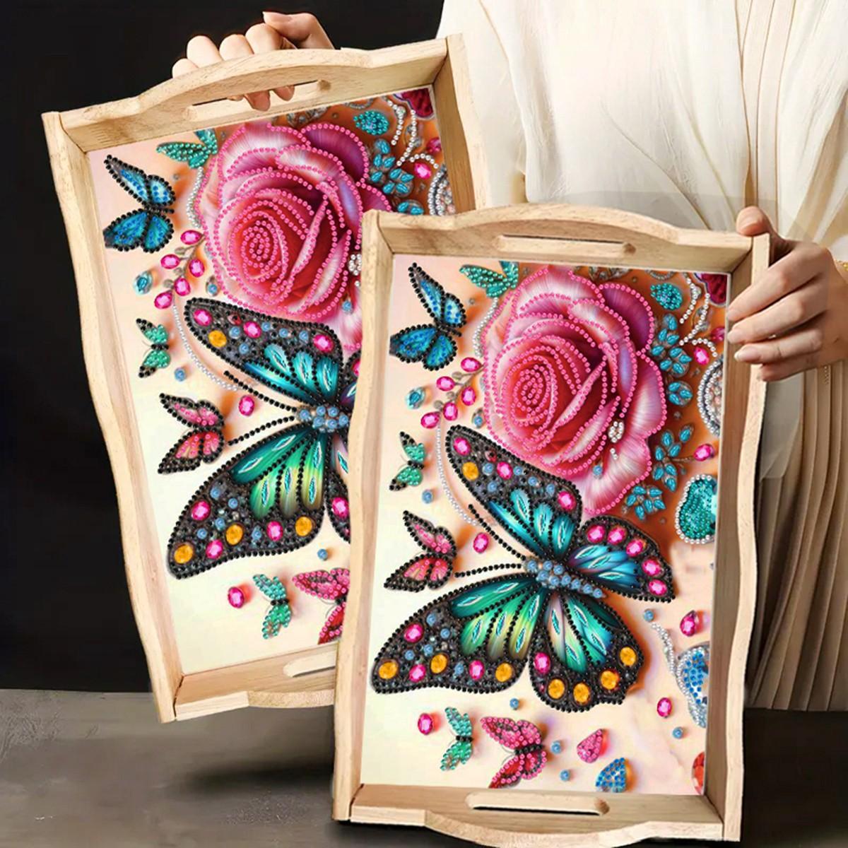 DIY Diamond Painting Wooden Tray Set with Frame, Butterfly Pattern, Home Decor Gift, Unique Holiday Present for Family and Friends