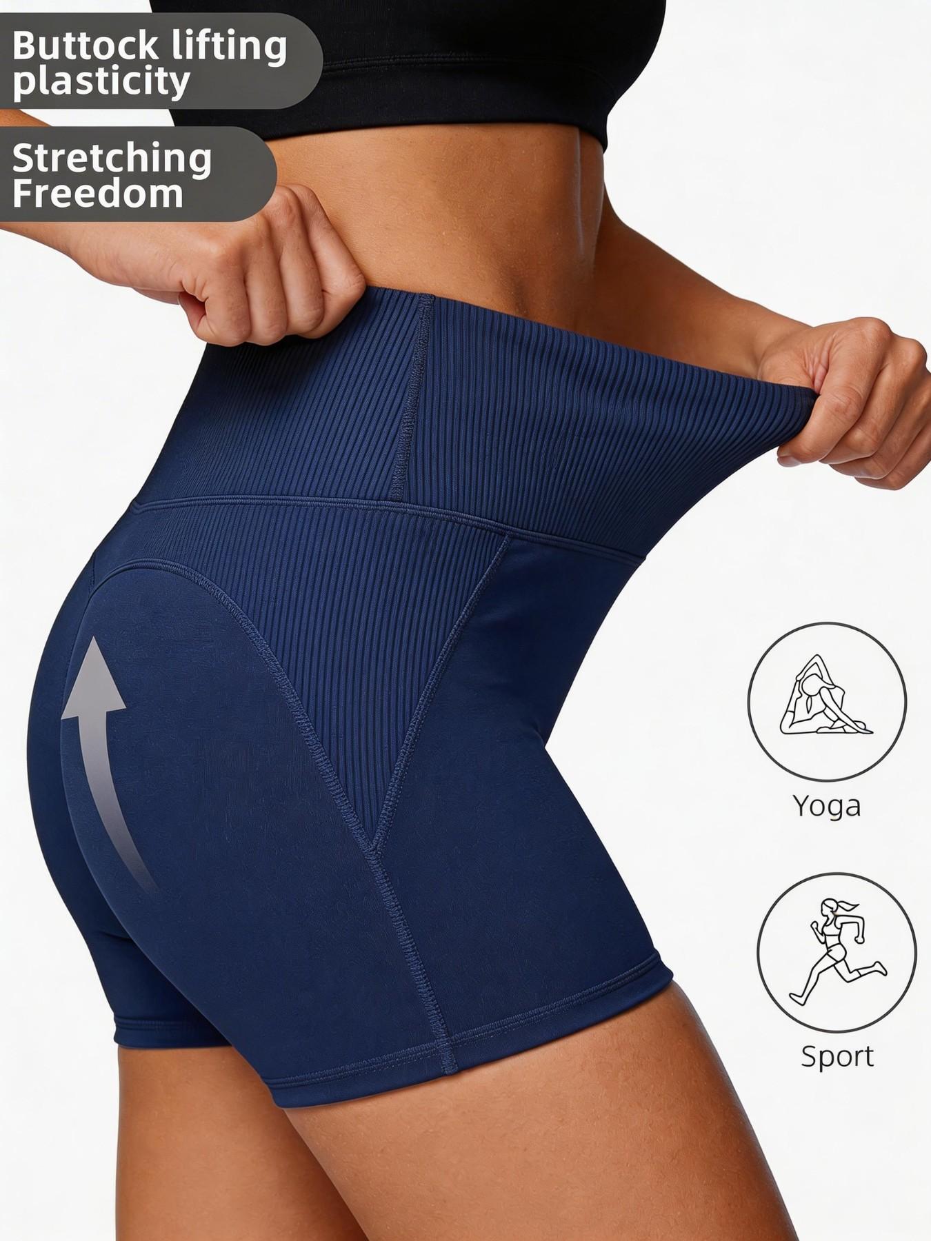 Women's High Waist Yoga Shorts, Ribbed Waist Tummy Control Butt Lift Gym Shorts, Four Way Stretch Anti-See Through Fitness Running Shorts
