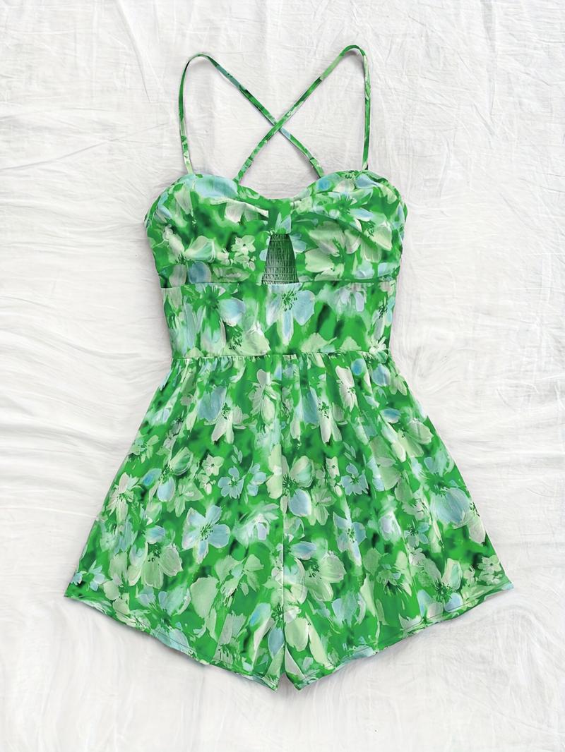Women's Floral Print Cut Out   Romper, Casual Sleeveless Romper for Summer, Fashion Women's Clothes for Beach Holiday Vacation