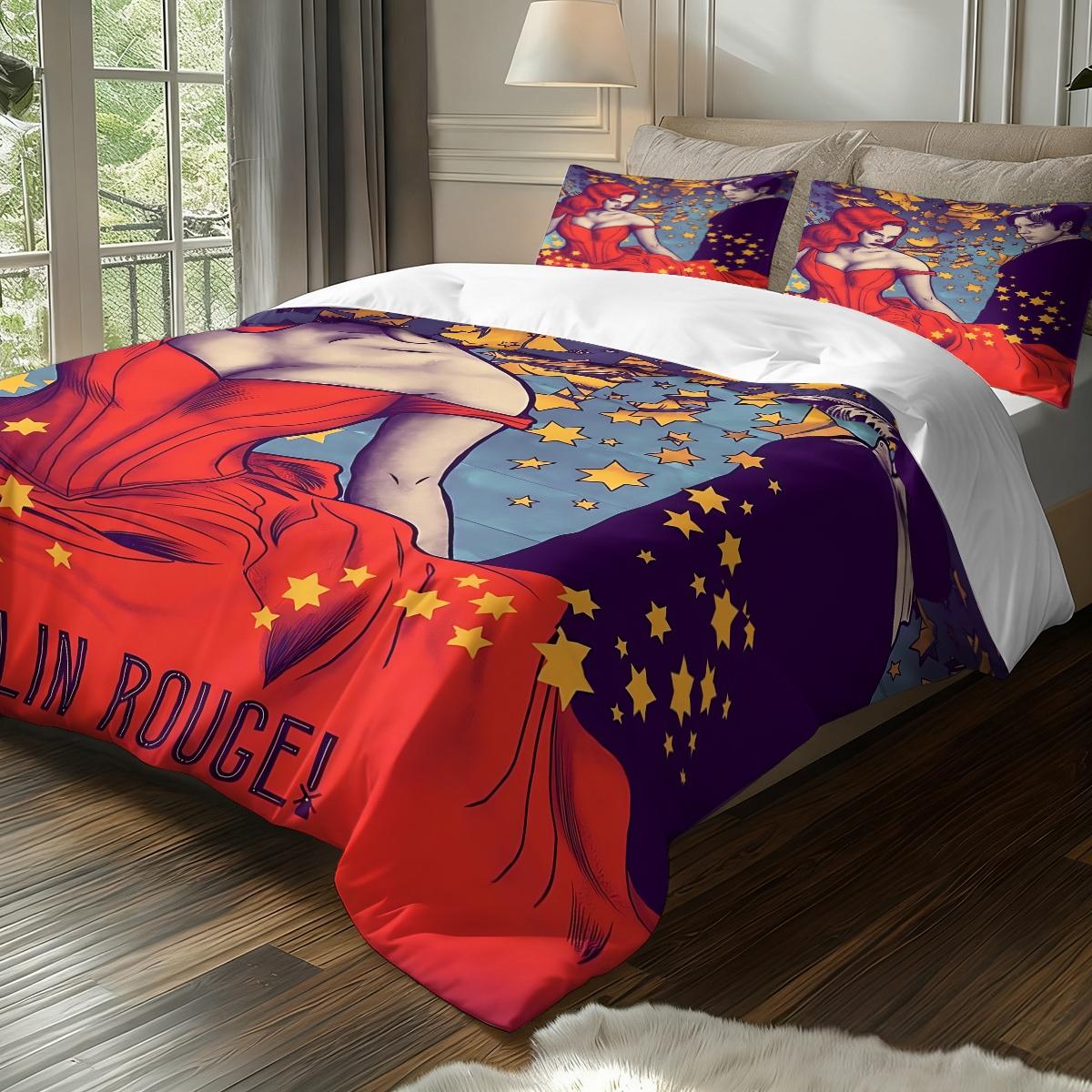 3Pcs,Moulin Rouge brainstorm  three-piece bedding set, soft, comfortable and skin-friendly, universal in all seasons, bedding set, no pillow core, no quilt core, suitable for bedrooms, guest rooms - (1 quilt cover + 2 pillowcases)
