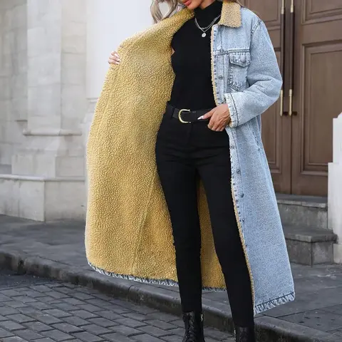 Women's Fall & Winter Fashion Long Denim Jacket, Elegant Lapel Long Sleeves Single-Breasted Fleece-Lined Warm Coat, Casual Versatile Outerwear