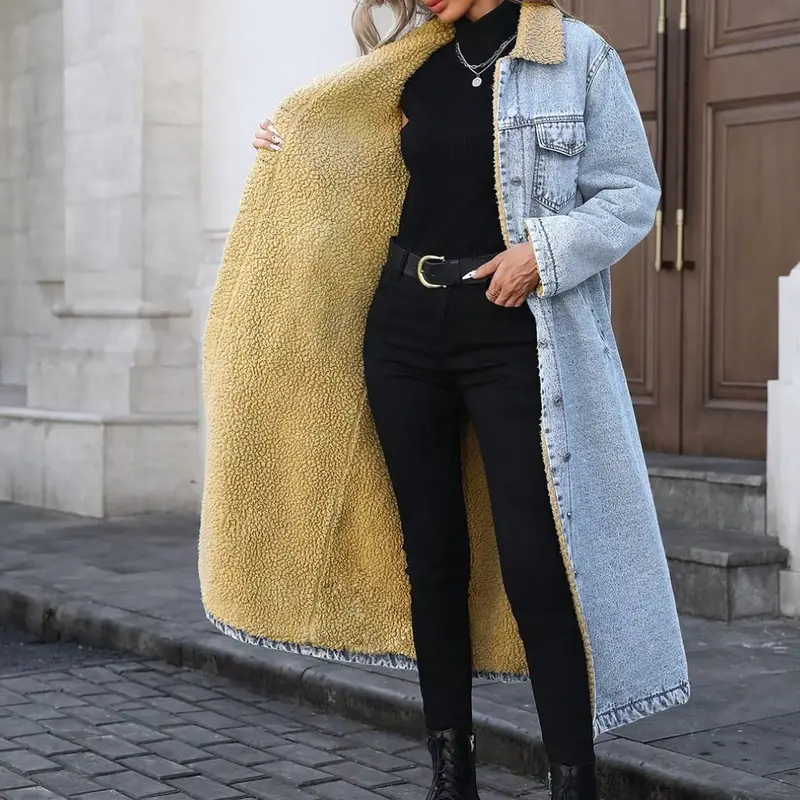 Women's Fall & Winter Fashion Long Denim Jacket, Elegant Lapel Long Sleeves Single-Breasted Fleece-Lined Warm Coat, Casual Versatile Outerwear