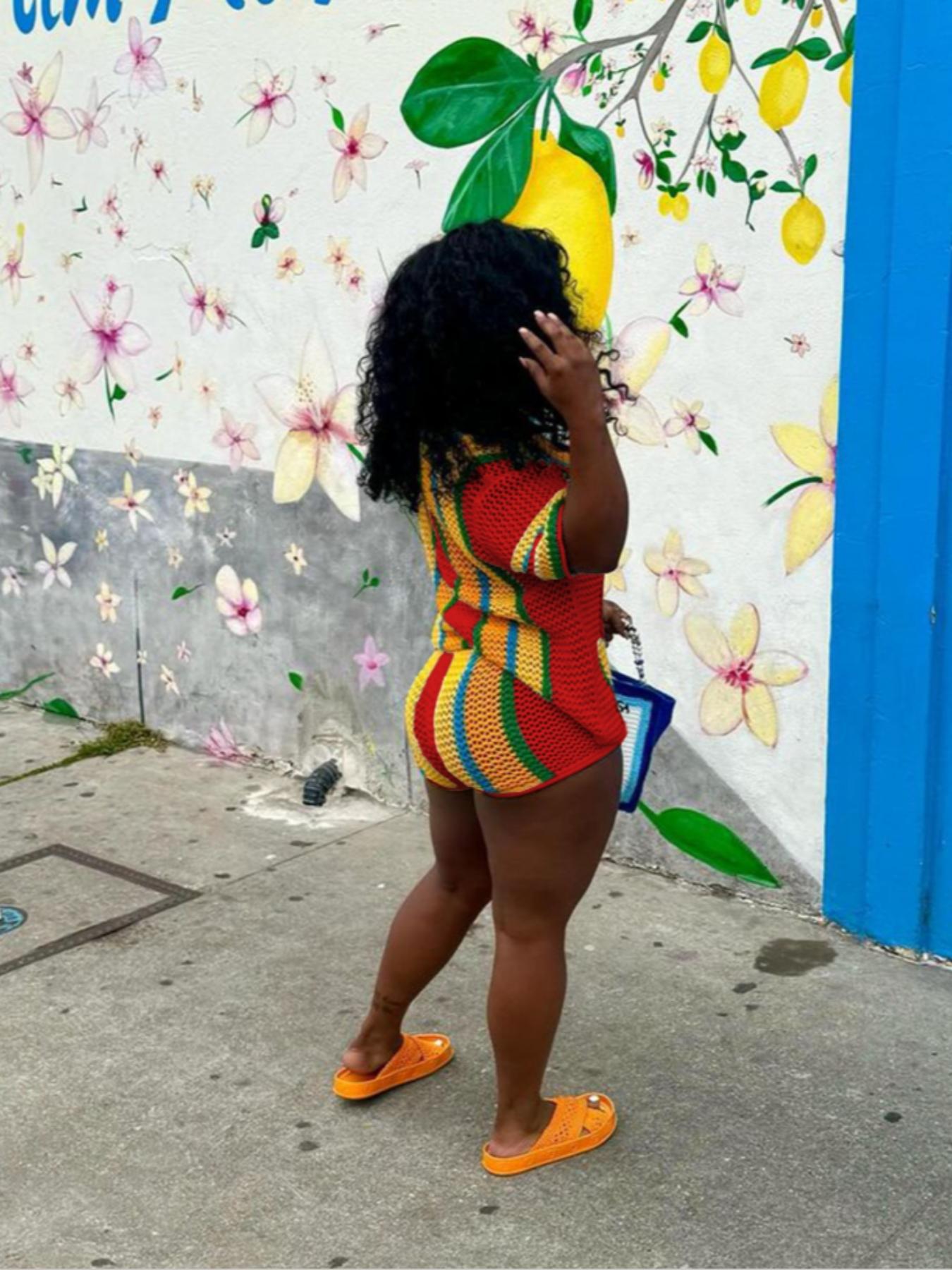 Women's Striped Print Crop Knit Top & Shorts Two-Piece Set, Casual Fashion Cozy Knitwear Set for Daily Outdoor Wear, Ladies Clothes for Summer, Cute Summer Outfit