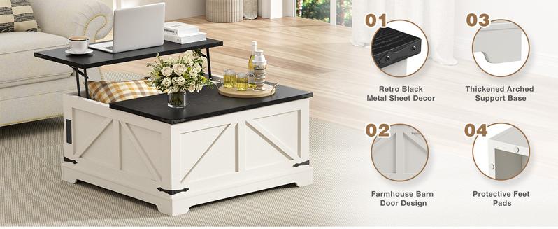 Vabches Farmhouse Lift Top Coffee Table with Storage, Wood Square Center Table with Charging Station, Rustic Cocktail Tables with Flip Top Lids for Living Room, Home Office, Modern Black