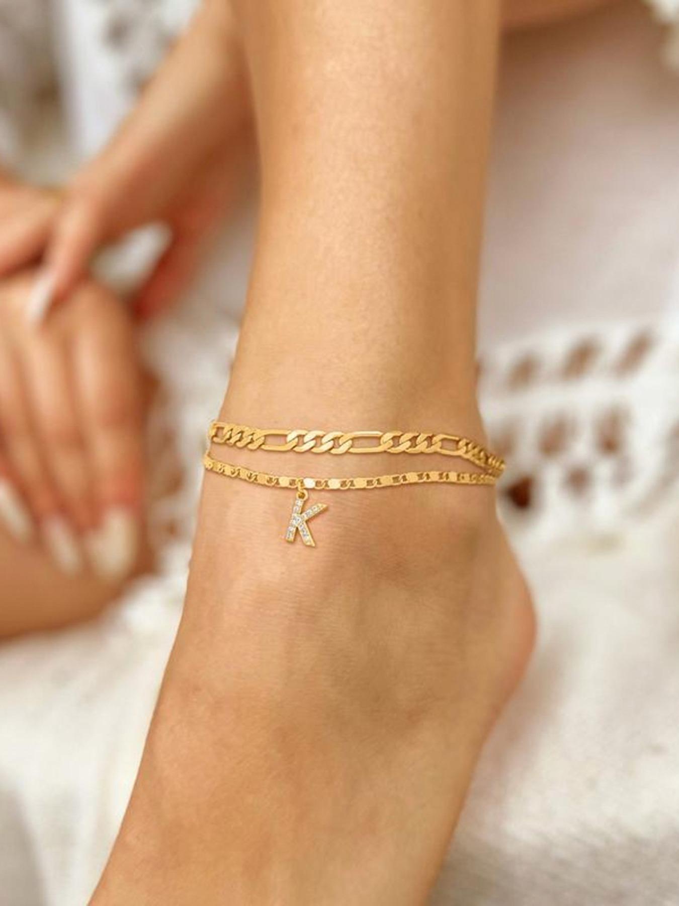 Personalized Layered Anklets for Women | Cute Gold Initial Ankle Bracelet Set with Adjustable Extender | Dainty Sparkle Letter Charm | Trendy Boho & Beach Style Foot Jewelry | Cute Stocking Stuffer & Best Friend Gift for 2026