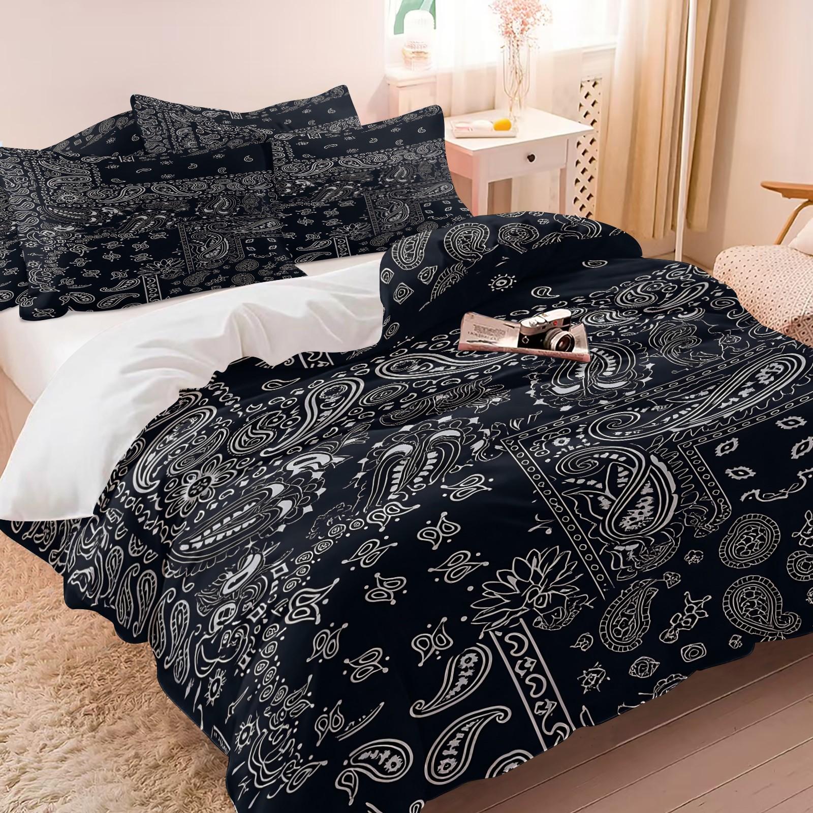 3PCS Navy Blue Bandana Paisley Duvet Cover Set (1 Duvet Cover + 1-2 Pillowcases), Classic White Border Paisley Print, Skin-Friendly Soft Comfy All Seasons Summer Bedding Set, Perfect for Streetwear Bedroom & Hip Hop Style Lovers