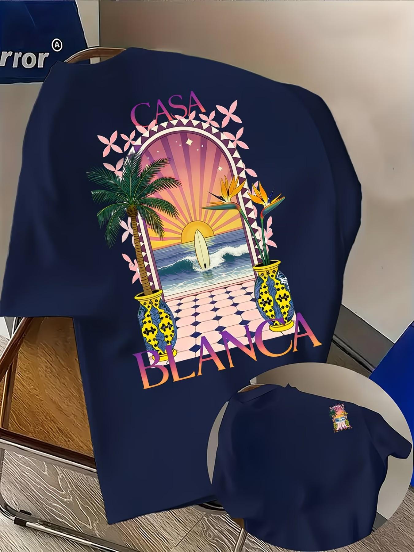 Men's Casual Comfortable Short Sleeve T-Shirt, Casablanca Pattern Front and Back, Loose Fit, Ideal for Daily Wear, Travel, Dating