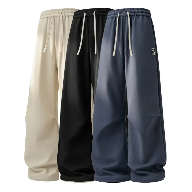 Men's Oversized Wide-Leg Sweatpants - Drawstring Rubber Patch Joggers, Breathable Textured Poly Fabric Lounge Pants, Elastic-Waist Street-Style Trousers with Back Pocket for Fitness, Casual Wear