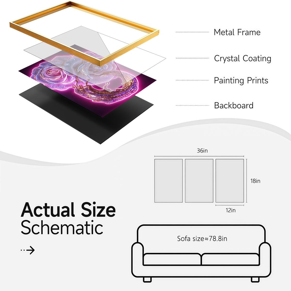 3 Counts Aluminum Alloy Framed Painting, Neon Glowing Roses And Petals Pictures, Home Decoration For Living Room, Bedroom, Office, Restaurant, Hallway Wall Decor, Odorless Print Artwork, Luxury Perfect Gift For Friends And Family