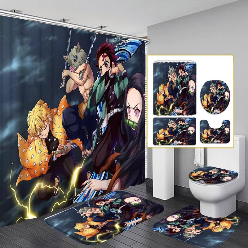 Demon Slayer Anime Print Shower Curtain Set, Includes 12 Hooks, Waterproof Curtains, Non-Slip Mat, U-Shaped Toilet Pad, Ideal Gift