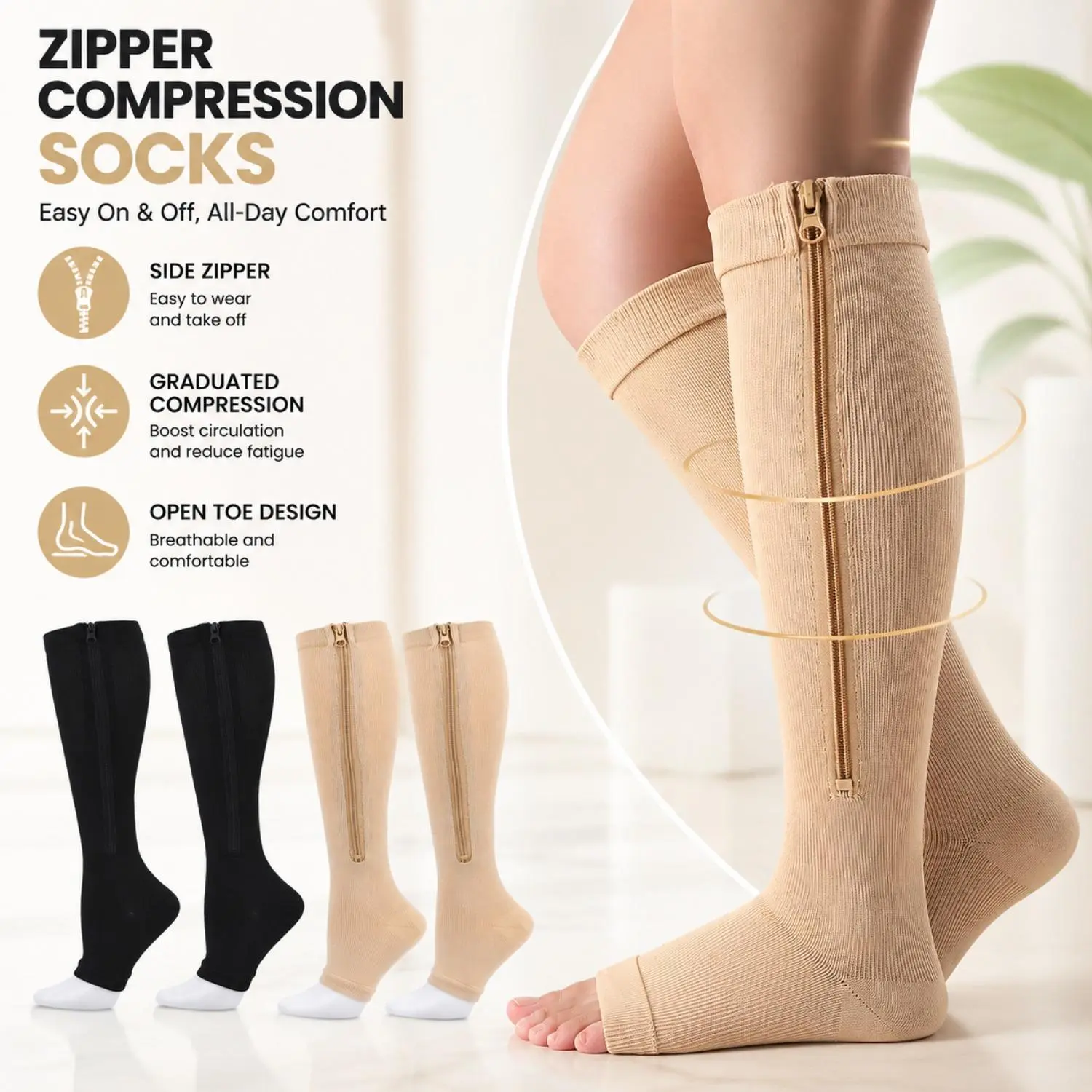 Women's Compression Socks (1 Pair) - 20-30 mmHg Knee-High Open Toe, Lightweight Nylon, Multi-Size, Zipper Design for Muscle Recovery, Running & Cycling Sports Accessories