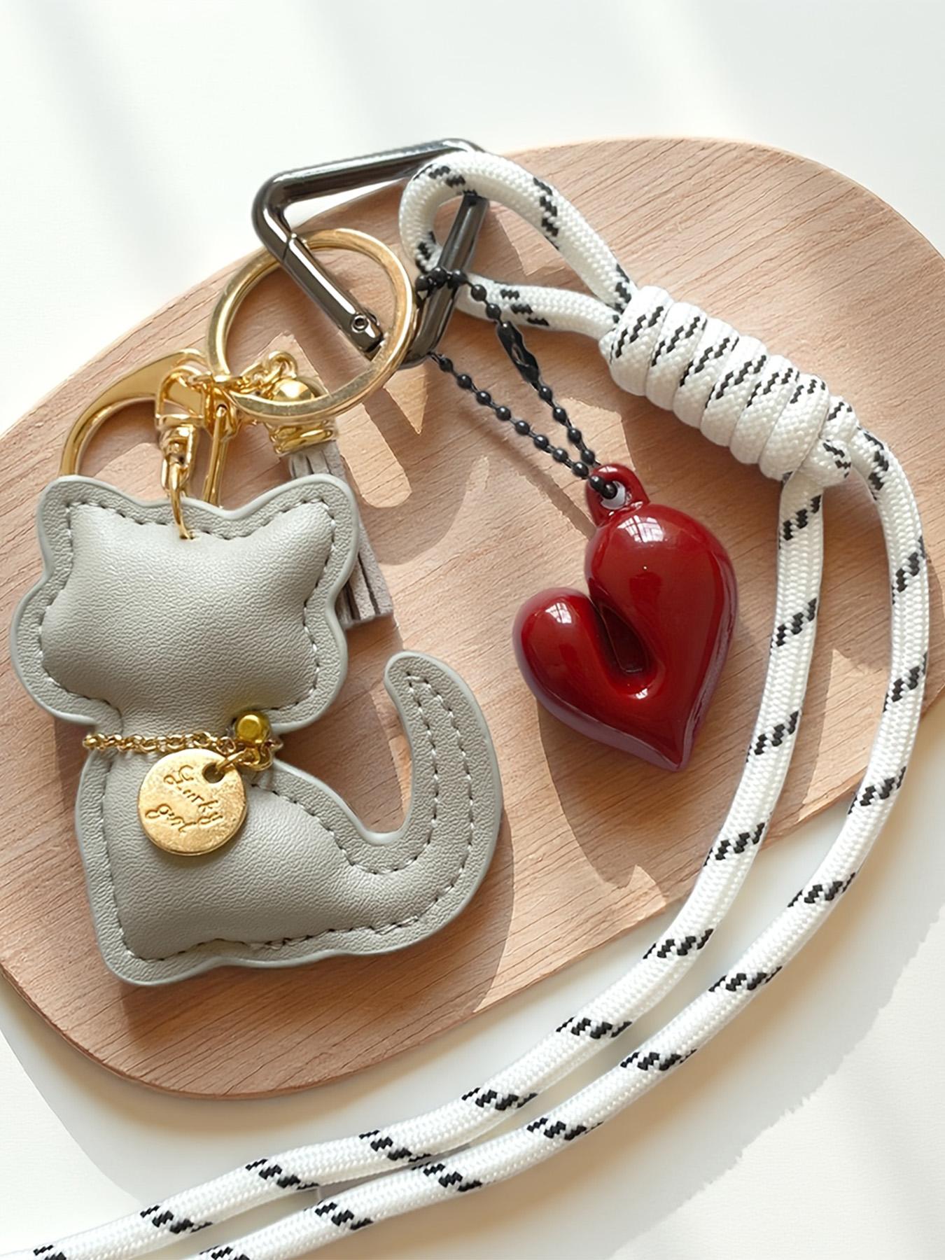 PU Leather Heart Cat Bag Charm, Triangular Spring Clip Design, Creative Keychain for Women, Handbag Backpack Accessory, Car Key Decor