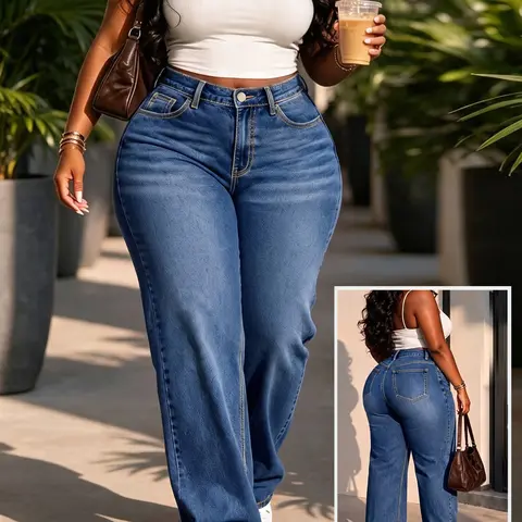 Plus Size Light Blue High-Waisted Slim Straight Leg Jeans for Women, Elastic Stretch Fitted Long Pants, Pear Shape Conceal Hip Slimming Denim