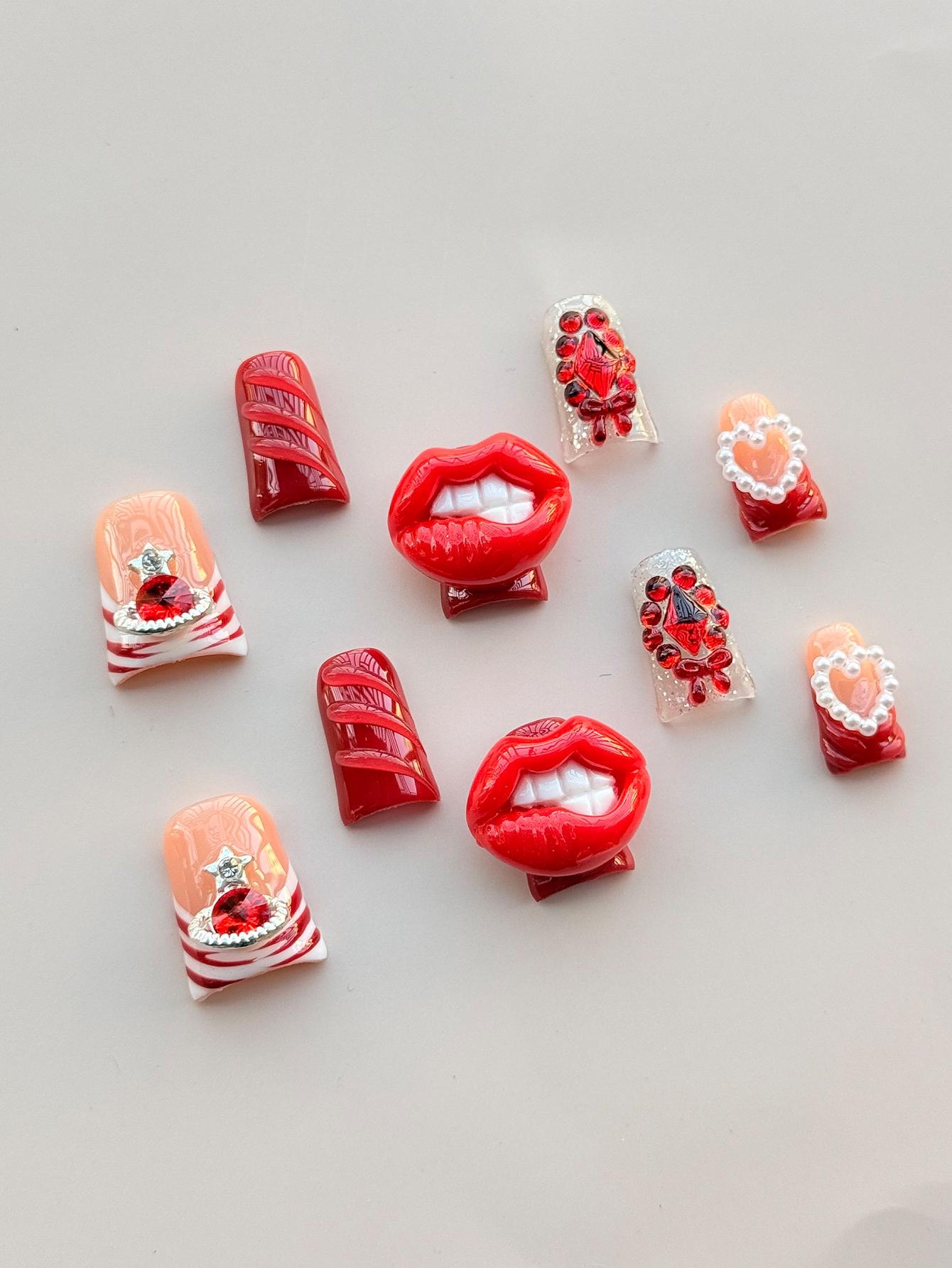 Y2K 10-Piece Handmade Nail Art Set, Hot Lips, Sexy Style, Medium-Length Almond Nails, Planetary Decor, Luxurious Polish, Perfect for Parties