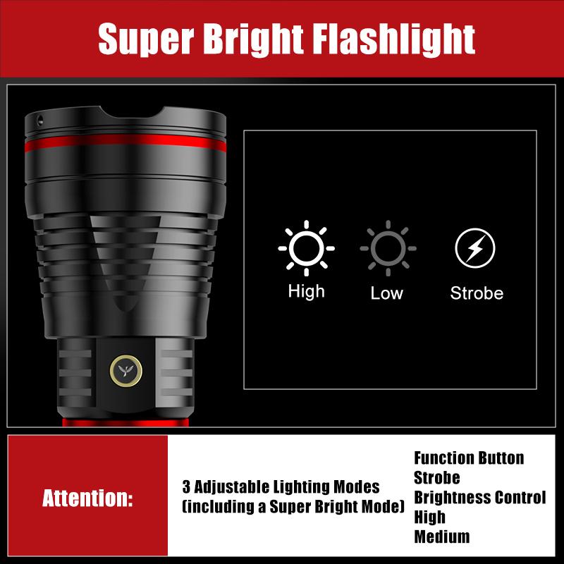SKYFIRE Model 1209 -2800 Lumens Rechargeable LED Flashlight  – Super Bright, 3 Modes, Waterproof, with Shoulder Strap – For Camping, Emergency, and Outdoor Use