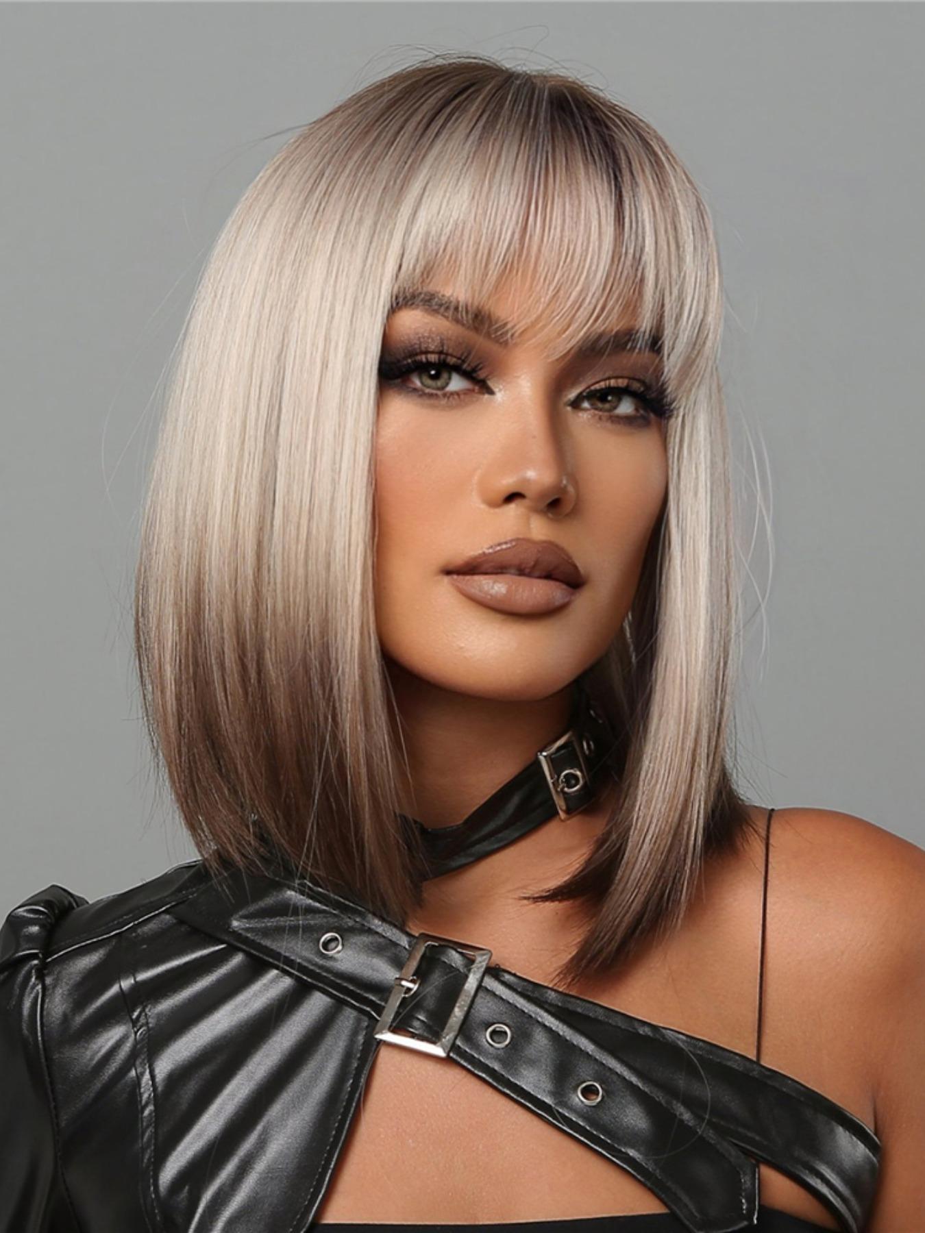 14 Inch Gradient Wig with Bangs, Shoulder-Length Straight Hair, Heat Resistant Rose Net, Natural Soft Breathable Fabric, Synthetic Material Wigs