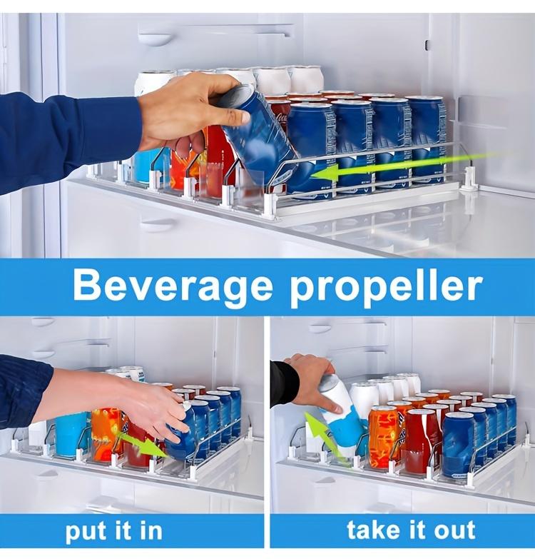 Refrigerator beverage storage box, refrigerator bottle and can organizer, self-pushing soda can dispenser, beverage pusher, white bar-shaped design, upgraded with double-layer divider panels, equipped with positioning clips