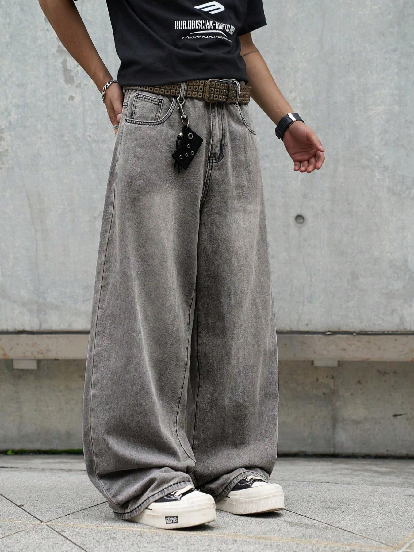 1 Piece Men's Dark Gray Casual Streetwear Fashion Loose Straight-Leg Jeans. Solid-Color Plain Dark Washed Gray Loose Denim Pants, Perfect for Men's Daily Wear.