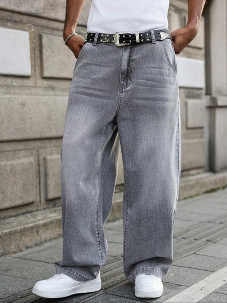 Men's New Street Style Loose-Fit Jeans, Washed Vintage Casual Straight Leg Pants, Trendy Long Denim Trousers for Everyday Wear Denim Streetwear