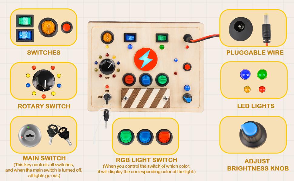 Joyreal Busy Board, Montessori Toys, Wooden Busy Board with LED Light Up Switch,  Learning Sensory Travel Toys, Valentine's Day Gifts Idea for Kids