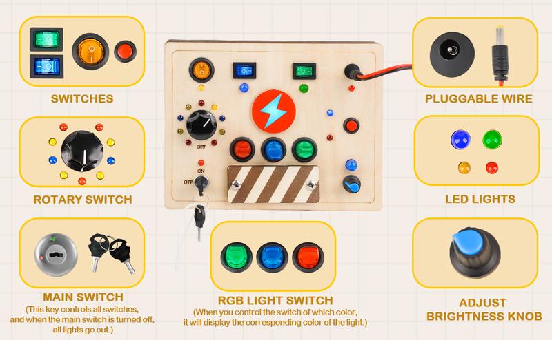 Joyreal Busy Board, Montessori Toys, Wooden Busy Board with LED Light Up Switch,  Learning Sensory Travel Toys, Valentine's Day Gifts Idea for Kids