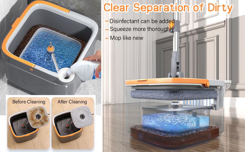 Spinning Mop and Bucket Set with Self-Separating Dirty Water & Clean Water System, Self-Drying 360° Spin Square Mop Head Wardwood Tile Marble Floors,Cleaning Mop after the party,adjustable hand tool,Family House Mom Home