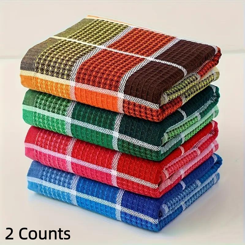 2 Counts Ultra Soft Microfiber Dishwashing Towels, Water Absorbing & Durable, Vivid Color Grid Design, Kitchen Tea Towels