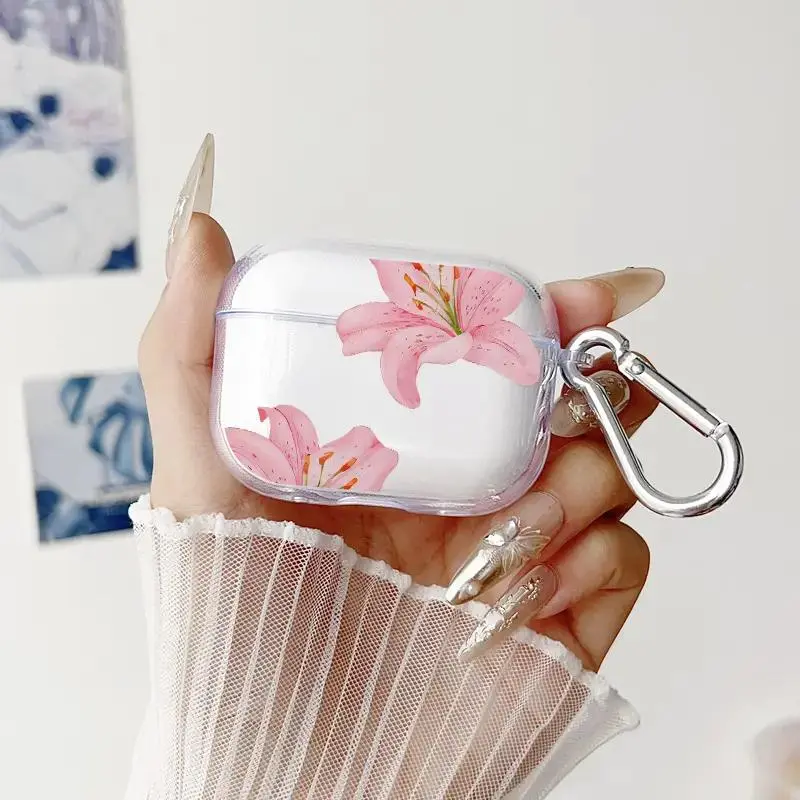 Minimalist Retro Lily Pattern Soft TPU Protective Case with Protection, Transparent Cover with Keychain for AirPods 1/2/3/4/Pro/Pro2 Earphones