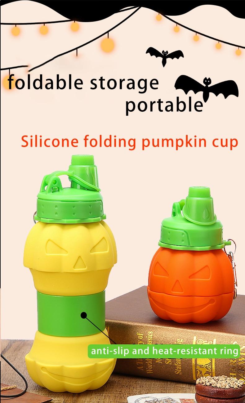 Outdoor sports water bottle, silicone folding cup, Halloween-inspired pumpkin design, telescopic and portable silicone water cup, collapsible water bottle, travel water bottle, sports portable sports water bottle, reusable water bottle, equipped with clim