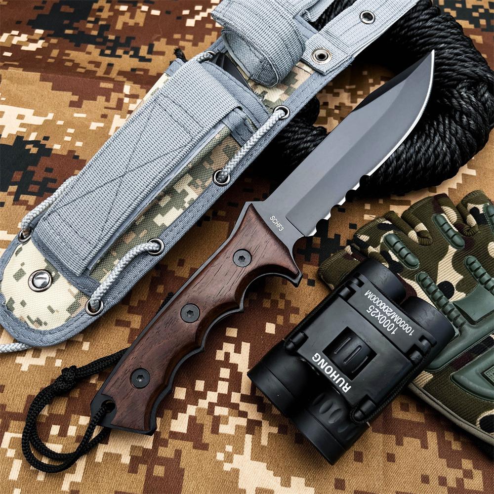 Outdoor multi-functional tactical survival straight knife, ergonomic chickenwood handle, high-hardness black-coated 7Cr13Mov blade, camouflage nylon sheath, suitable for jungle exploration, camping hiking, wilderness survival, Survival Gear