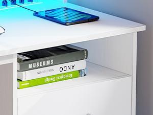 DWVO Computer Desk with Drawers, 55" Office Desk with Power Outlets & LED Light, Home Office Desk with Storage Shelves