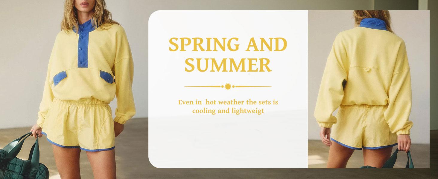 Yeokou Women's Two Piece Short Sets Summer Lounge Sweatsuits Long Sleeve Outfits Travel Tracksuit with Pocket