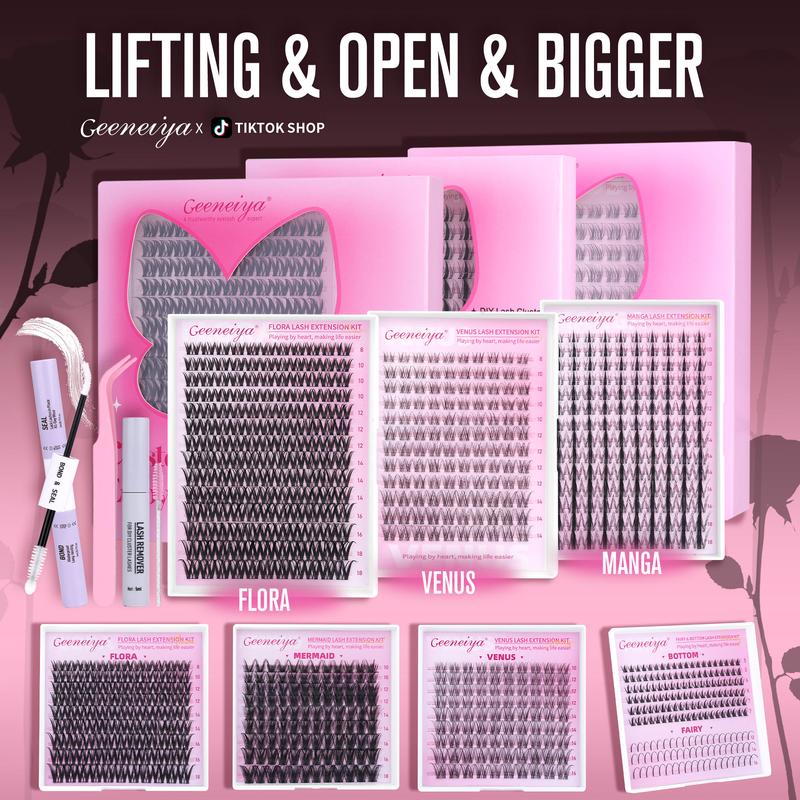 Geeneiya Lashes DIY Lash Extension Kit, Natural Wispy Lash Clusters Kit, Ultra-thin Soft Band Eyelash Extension Kit with Waterproof Lash Bond and Seal, Professional Lash Remover, Tweezers for Girls Gift Makeup Cosmetic (Venus/ Flora/ Manga)