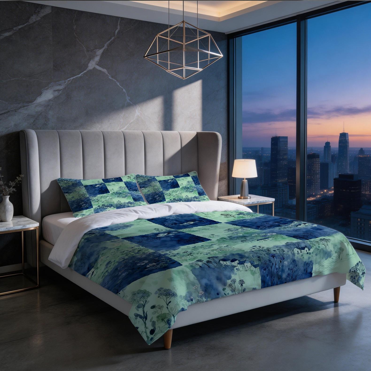 2/3 Pcs Watercolor Landscape Checkered Duvet Cover Set, HD Digital Printed Comforter Cover, Soft Breathable Bedding Set with Zipper & Corner Ties, No Insert, for Bedroom Decor