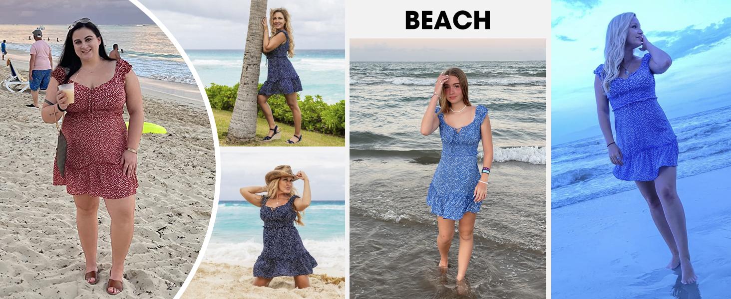 Wenrine Women's Summer Ruffle Sleeve Sweetheart Neckline Printing Dress Mini Dresses