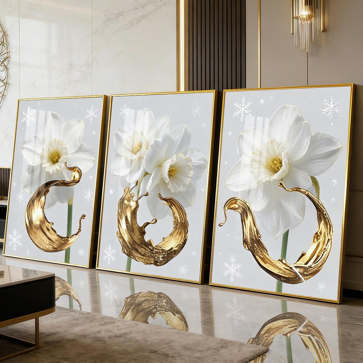 3 Counts Aluminum Alloy Framed Painting, White Daffodil Gold Splash Art Pictures, Home Decoration For Living Room, Bedroom, Office, Restaurant, Hallway Wall Decor, Odorless Print Artwork, Luxury Perfect Gift For Friends And Family
